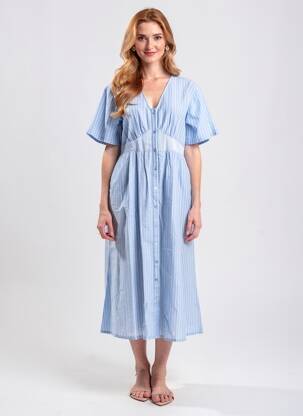 Robe longue tissage popeline manches courtes bleu MD'M femme