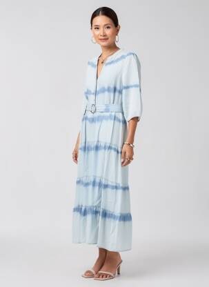 Robe longue tissage popeline manches longues bleu K-DESIGN femme