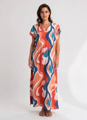 Robe longue imprimé fantaisie manches courtes rouge LA FEE MARABOUTEE femme