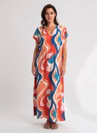 Robe longue imprimé fantaisie manches courtes rouge LA FEE MARABOUTEE femme
