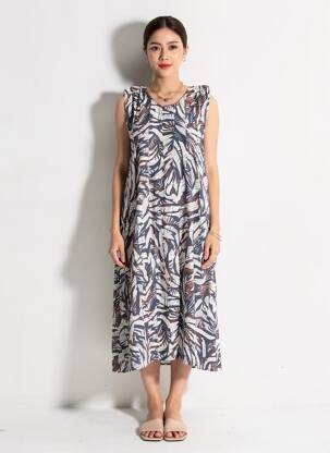 Robe mi-longue imprimé fantaisie sans manche bleu EVA KAYAN femme