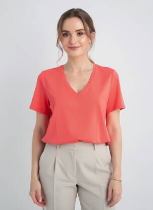 T-shirt col v manches courtes rouge LEO & UGO femme