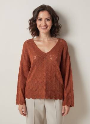 Pull maille ajourée manches longues marron L'ATELIER D'ANNA femme