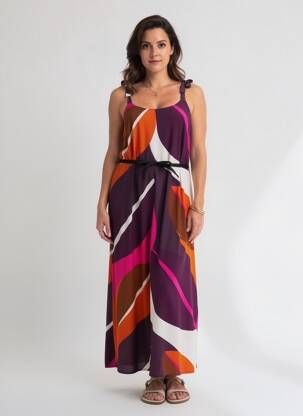 Robe longue imprimé fantaisie fines bretelles orange LA FEE MARABOUTEE femme