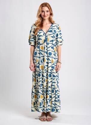 Robe longue imprimé fantaisie manches courtes bleu MD'M femme