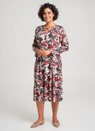 Robe mi-longue imprimé fleurs manches longues rouge FRANCE RIVOIRE femme