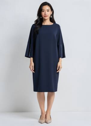 Robe mi-longue tissage crêpe manches longues bleu FRANK WALDER femme