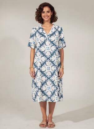 Robe mi-longue imprimé fleurs manches courtes bleu SIGNE NATURE femme
