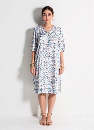 Robe mi-longue imprimé fantaisie manches courtes bleu SIGNE NATURE femme