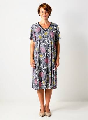 Robe mi-longue imprimé fleurs manches courtes bleu FRANCE RIVOIRE femme