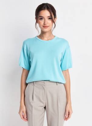 Pull coupe droite manches courtes bleu SIGNE NATURE femme