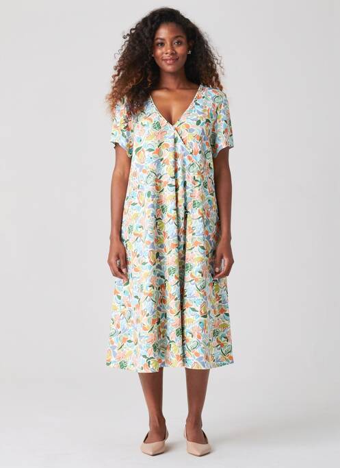 Robe mi-longue imprimé fleurs manches courtes vert AGATHE & LOUISE femme
