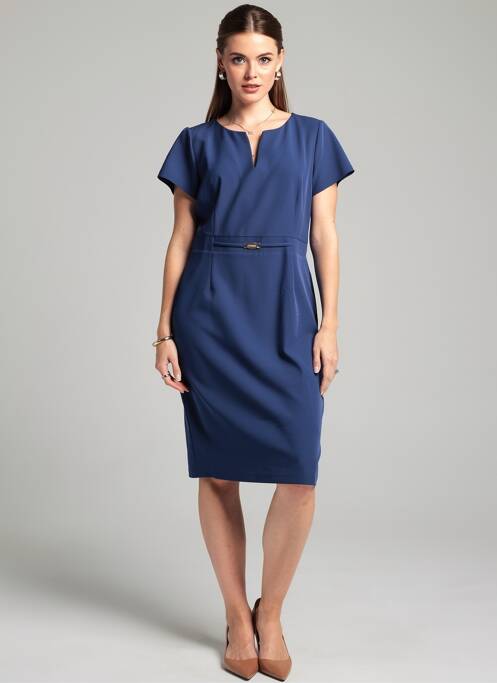 Robe mi-longue fermeture zippée au dos manches courtes bleu ESTEL COLLECTION femme