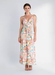 Robe longue imprimé fantaisie fines bretelles beige IN APRIL 1986 femme