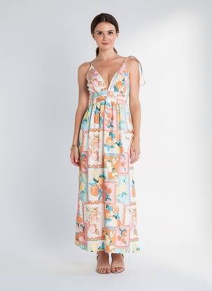 Robe longue imprimé fantaisie fines bretelles beige IN APRIL 1986 femme