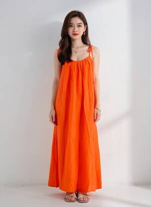 Robe longue coupe évasée fines bretelles orange KILKY femme