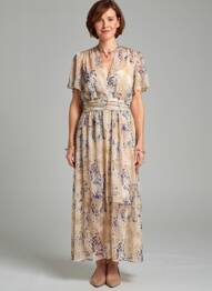 Robe longue imprimé fantaisie manches courtes beige BY ONE femme