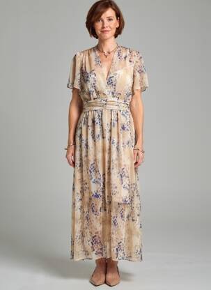 Robe longue imprimé fantaisie manches courtes beige BY ONE femme