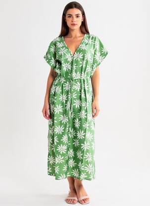 Robe longue imprimé fantaisie manches courtes vert EMI-JO femme