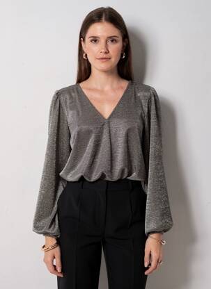 Top col v manches longues argent NOUGAT femme