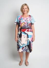 Robe mi-longue imprimé fantaisie manches courtes bleu HIPPOCAMPE femme