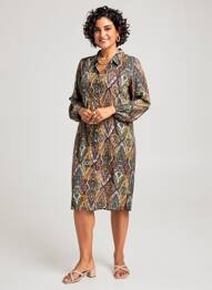 Robe mi-longue imprimé fantaisie manches longues marron ZHENZI femme
