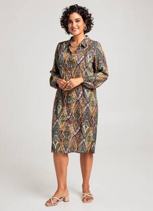 Robe mi-longue imprimé fantaisie manches longues marron ZHENZI femme