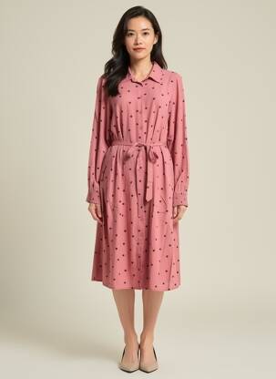 Robe mi-longue imprimé fantaisie manches longues rose ZHENZI femme