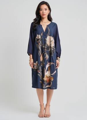 Robe mi-longue manches longues manches longues bleu ZHENZI femme