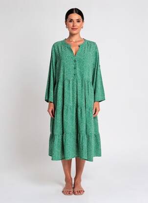 Robe mi-longue imprimé fantaisie manches longues vert WORLD FASHION femme