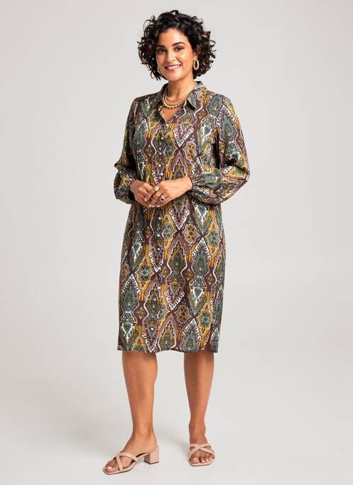 Robe mi-longue imprimé fantaisie manches longues marron ZHENZI femme