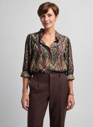 Blouse imprimé fantaisie manches longues marron ZHENZI femme