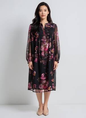 Robe mi-longue coupe fluide manches longues noir ZHENZI femme