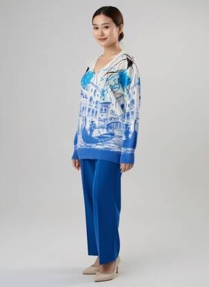Pull coupe cintrée manches longues bleu MD'M femme
