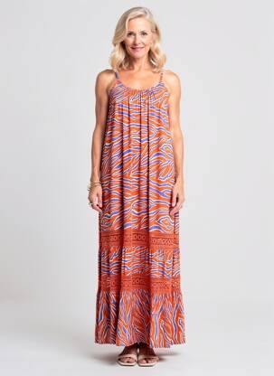 Robe longue imprimé fantaisie fines bretelles orange FRACOMINA femme