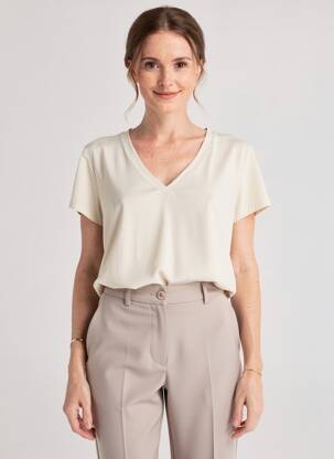 T-shirt col v manches courtes beige INDIES femme