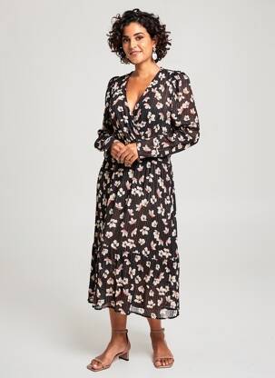 Robe mi-longue imprimé fantaisie manches longues noir ANGE femme