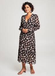Robe mi-longue imprimé fantaisie manches longues noir ANGE femme