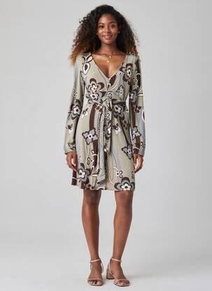 Robe mi-longue imprimé fantaisie manches longues gris I.CODE (By IKKS) femme