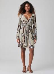Robe mi-longue imprimé fantaisie manches longues gris I.CODE (By IKKS) femme
