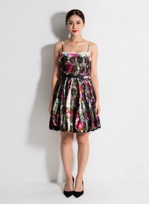 Robe mi-longue imprimé fantaisie fines bretelles noir DERHY femme