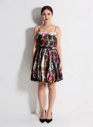 Robe mi-longue imprimé fantaisie fines bretelles noir DERHY femme