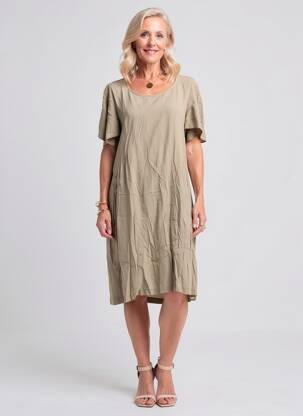 Robe mi-longue tissage crêpe manches courtes vert PAKO LITTO femme