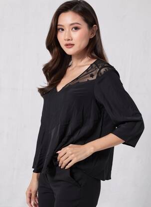 Top col v manches 3/4 noir I.CODE (By IKKS) femme