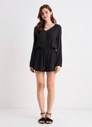 Combishort col v manches longues noir I.CODE (By IKKS) femme