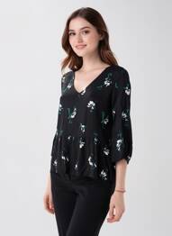 Blouse imprimé fleurs manches 3/4 noir MINIMUM femme