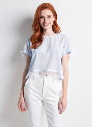 Top tissage crêpe manches courtes bleu GRACE & MILA femme