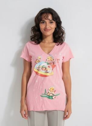 T-shirt col v manches courtes rose MADE U LOOK femme
