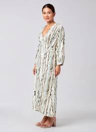Robe longue imprimé fantaisie manches 3/4 beige STORIATIPIC femme