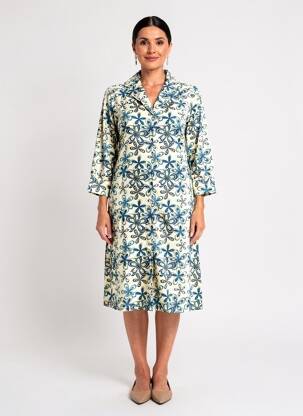 Robe mi-longue imprimé fleurs manches longues beige STORIATIPIC femme